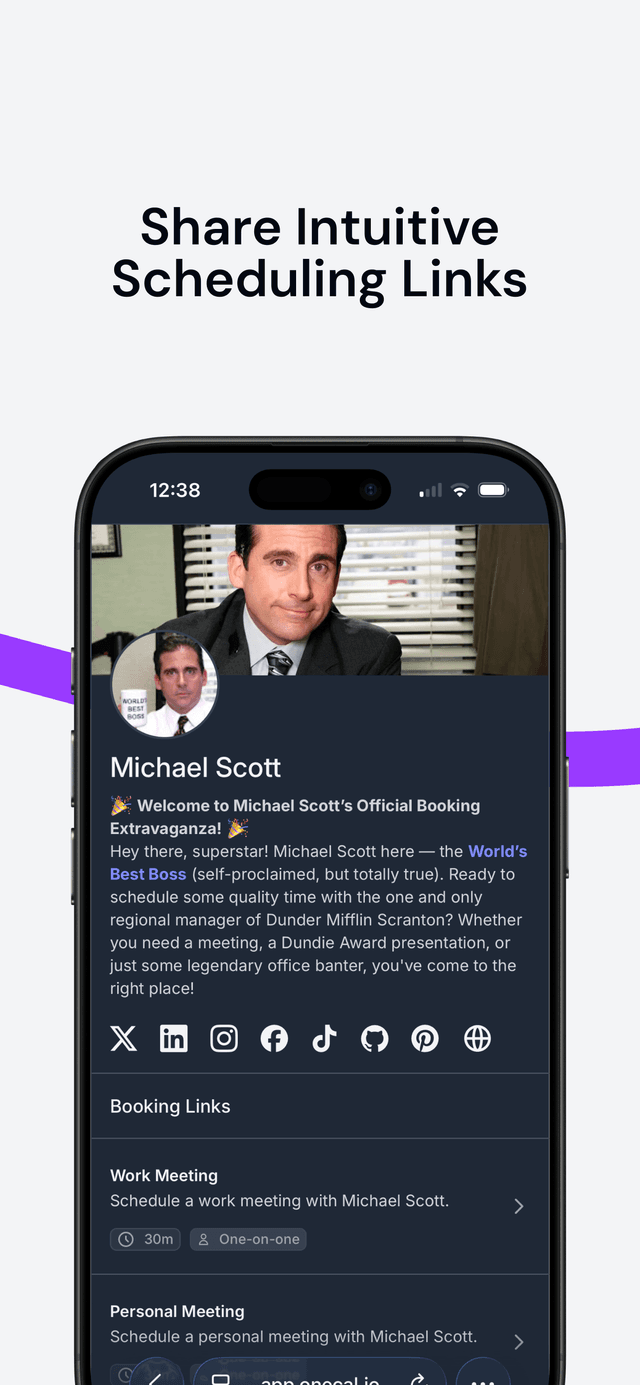 OneCal app showing scheduling links