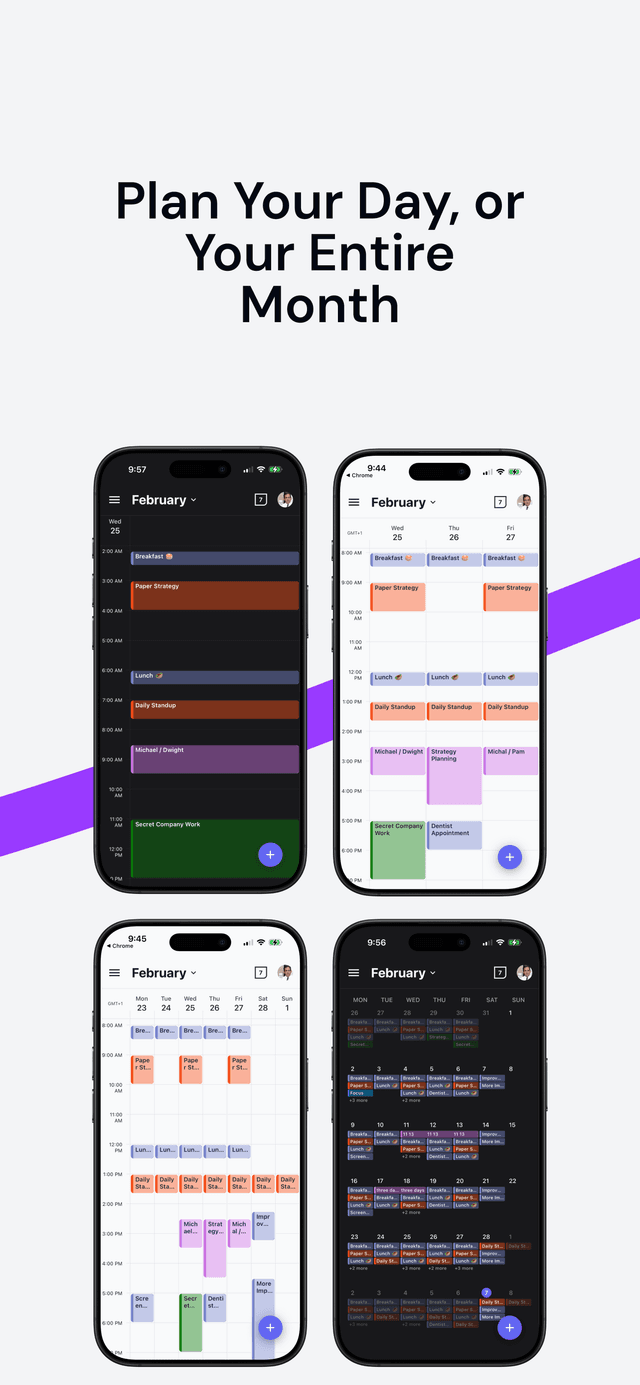 OneCal app showing day, three-day, week, and month views