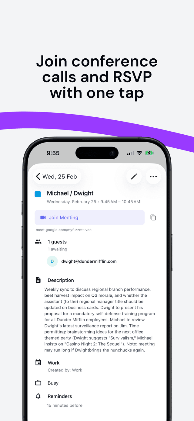 OneCal app showing conference join and RSVP options
