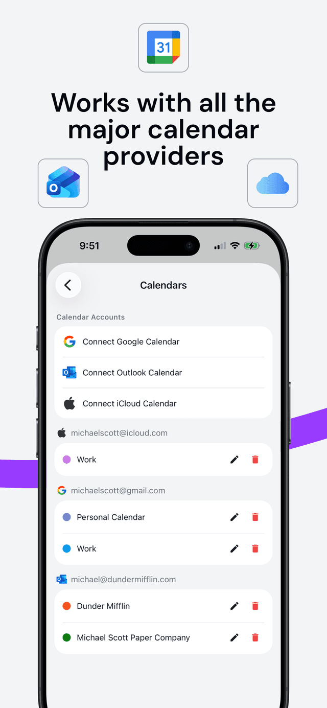 OneCal app showing connected calendar providers