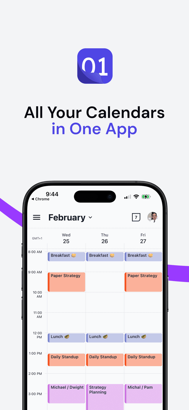OneCal mobile app showing unified calendar view