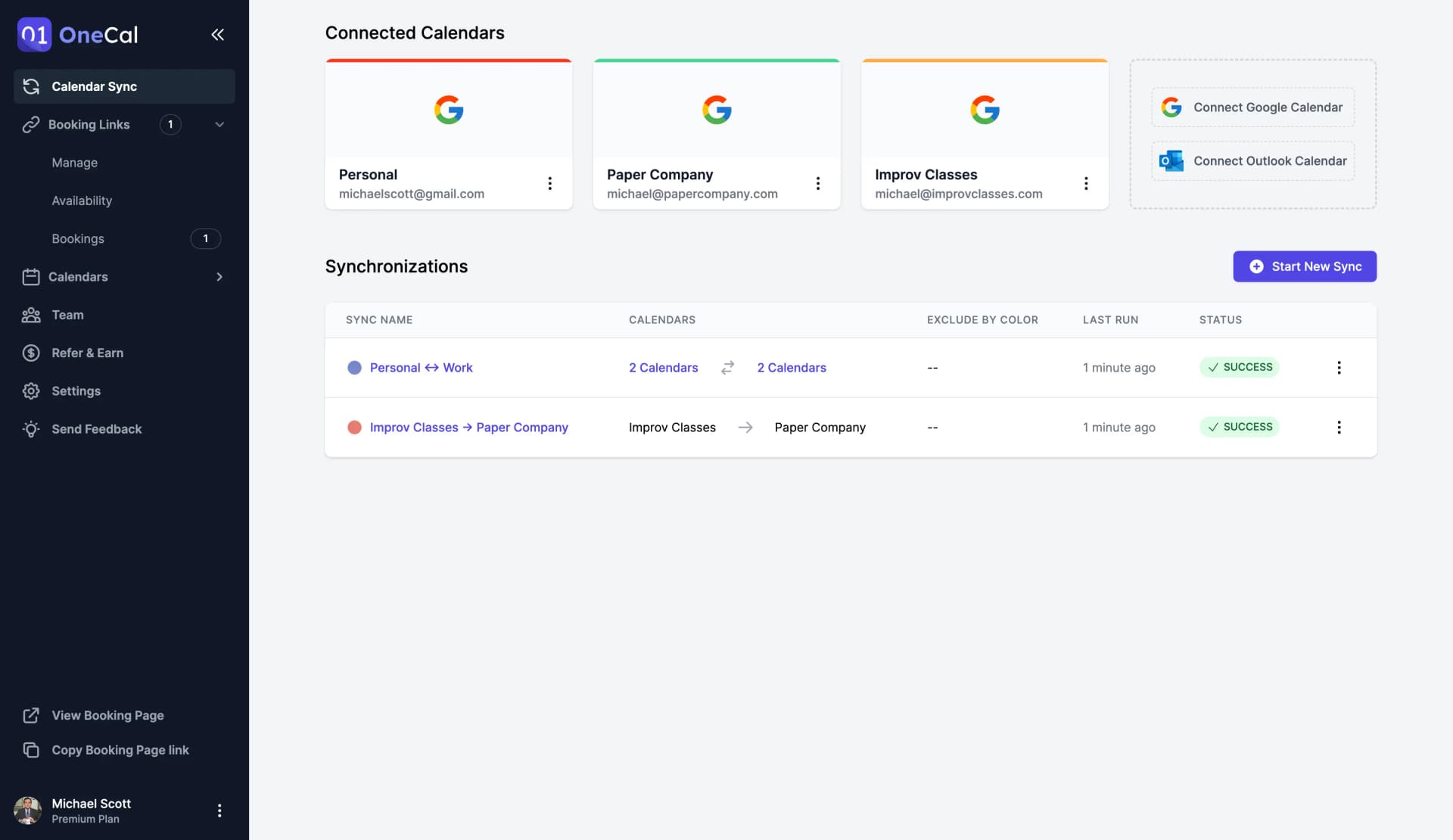 OneCal Configure sync user interface