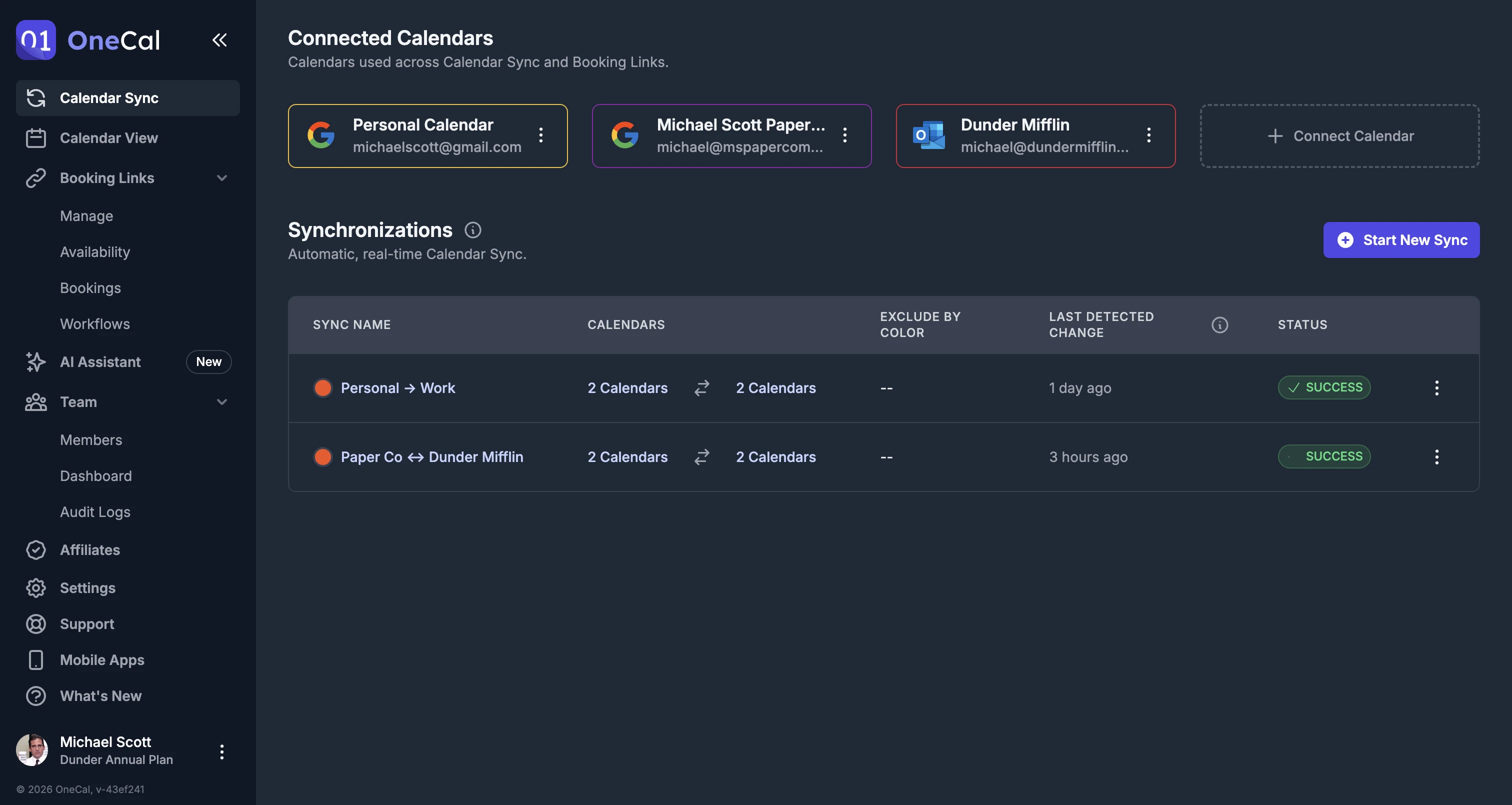 OneCal Clean user interface