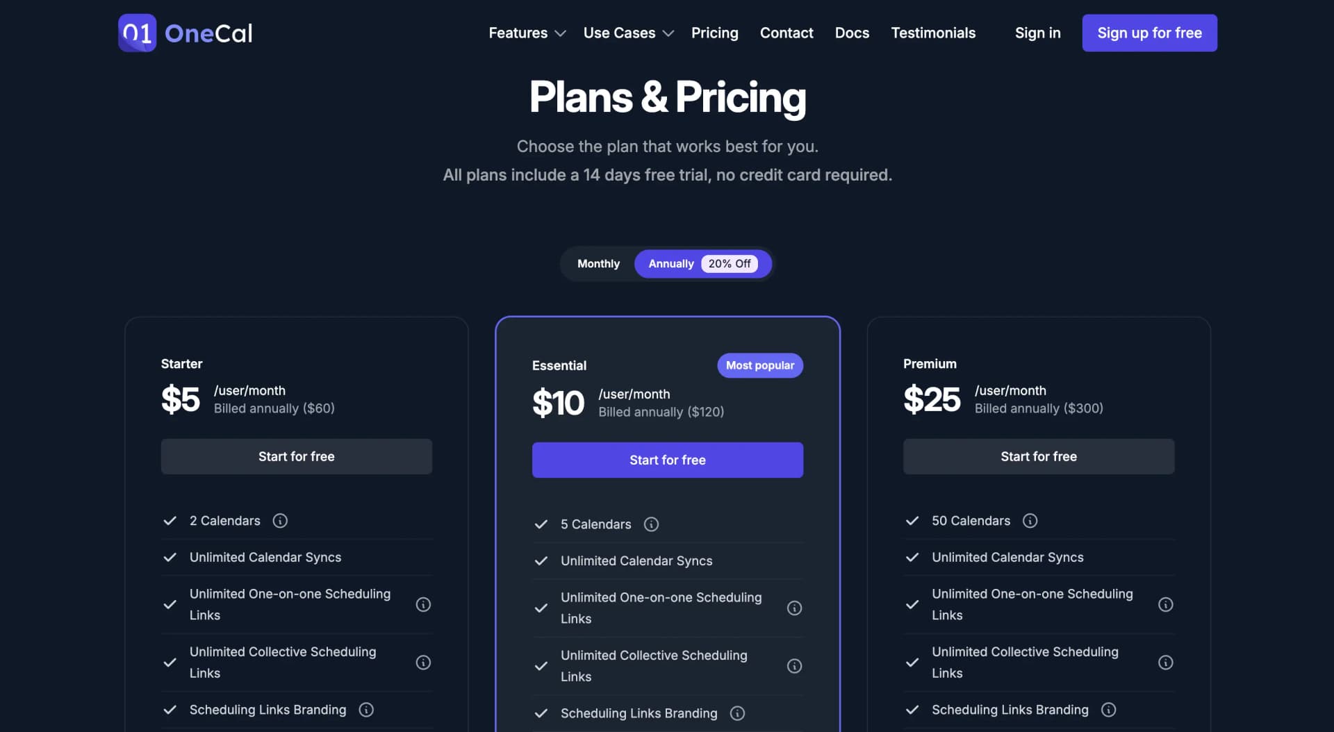 OneCal Pricing user interface