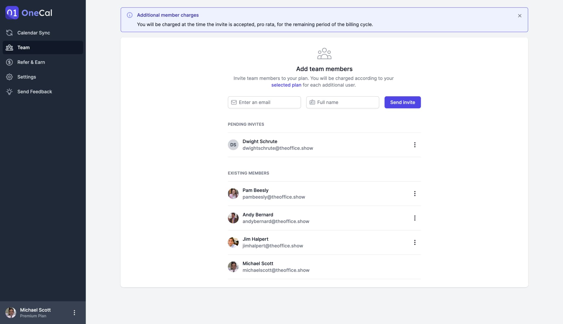 OneCal Team Plans user interface