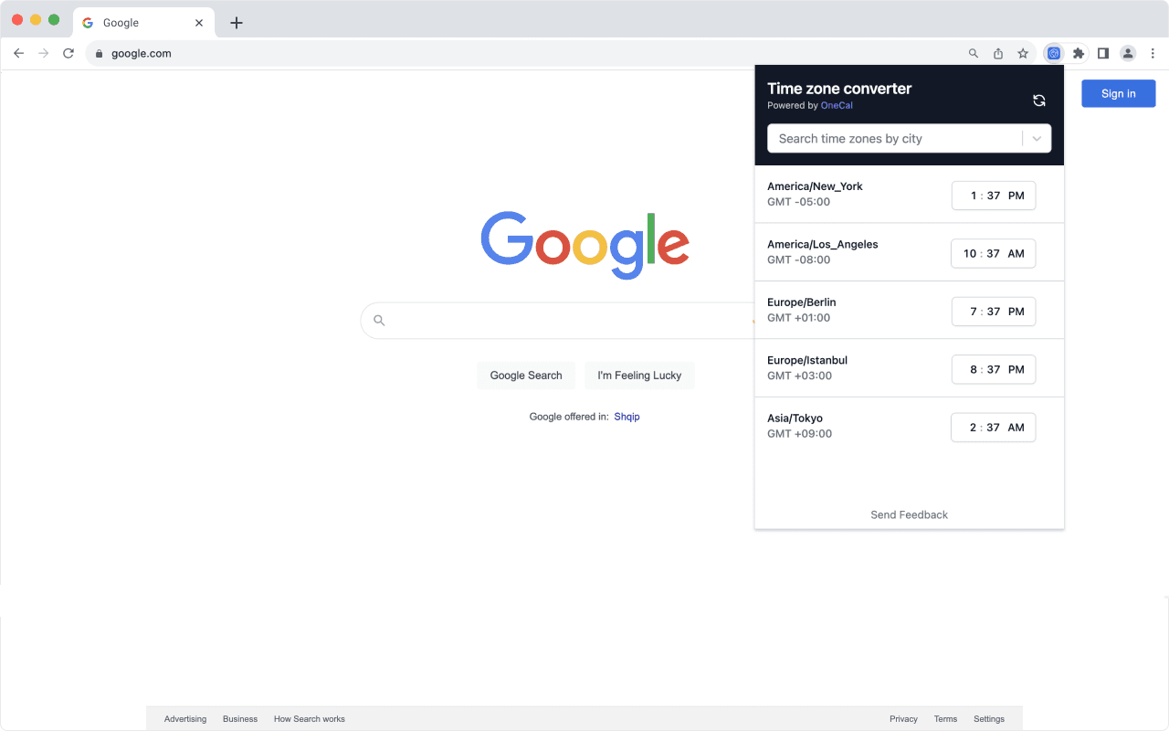 Time Zone Extension Screenshot