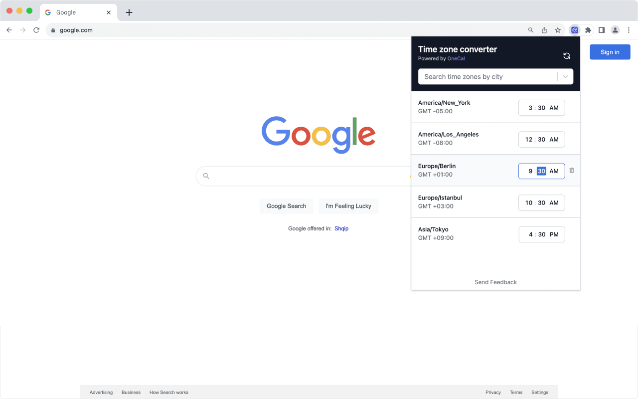 Time Zone Extension Screenshot